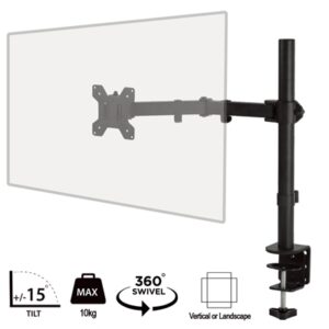 piXL Single Monitor Arm, For Screens Upto 32 inch, Desk Mounted, VESA dimensions of 75x75mm or 34 inch if 100x100mm Vesa, 180 Degrees Swivel, 15 Degrees Tilt, Weight Upto 10kg, Built in Cable Management, Black - Image 2