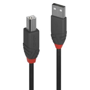 LINDY 36673 Anthra Line USB Cable, USB 2.0 Type-A (M) to USB 2.0 Type-B (M), 2m, Black & Red, Supports Data Transfer Speeds up to 480Mbps, Robust PVC Housing, Nickel Connectors & Gold Plated Contacts, Retail Polybag Packaging - Image 3