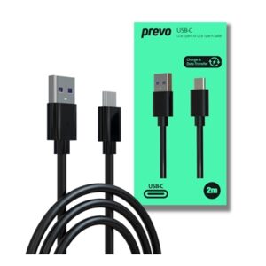 Prevo USBA-USBC-2M Data Cable, USB 2.0 Type-A (M) to USB 2.0 Type-C (M), 2m, Black, Fast Charging up to 2.1A / 5V, Nickel Plated Connectors, Superior Design & Performance, Retail Box Packaging - Image 2