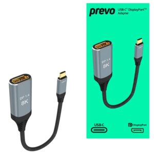 Prevo USBC-DP-ADA Display Converter Adapter, USB Type-C (M) to DisplayPort (F), 0.2m, Black & Silver, DisplayPort 1.4, Supports up to 8K@30Hz, Braided Cable, Retail Box Packaging - Image 2