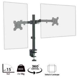 piXL Double Monitor Arm, For Upto 2x 27 inch Monitors, Desk Mounted, VESA dimensions of 75x75mm or 100x100mm, 180 Degrees Swivel, 15 Degrees Tilt, Weight Upto 10kg per screen, Built in Cable Management - Image 3