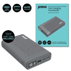 Prevo AD10C 100W USB-C Power Delivery PD 20000mAh Portable Fast-Charging Powerbank with Digital Display, Dual USB-C & USB-A with 100W USB-C Cable Included for Laptops, Ultrabooks, Chromebooks, Smartphones & Tablets - Image 3