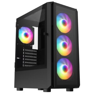 CRONUS Achos V2 Case, Gaming, Black, Mid Tower, 1 x USB 3.0 / 2 x USB 2.0, Tempered Glass Side & Front Window Panels, Addressable RGB LED Fans, ATX, Micro ATX, Mini-ITX, 4x fans included - Image 3