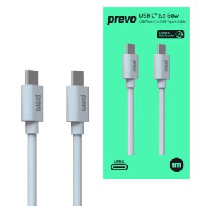 Prevo USB 2.0 60W C to C PVC cable, 20V/3A, 480Mbps, White, Superior Design & Performance, Retail Box Packaging - Image 3