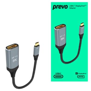 Prevo USBC-DP-ADA Display Converter Adapter, USB Type-C (M) to DisplayPort (F), 0.2m, Black & Silver, DisplayPort 1.4, Supports up to 8K@30Hz, Braided Cable, Retail Box Packaging - Image 3