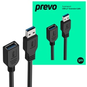 Prevo USBM-USBF-5M USB 3.0 Extension Cable, USB 3.0 Type-A (M) to USB Type-A (F), 5m, Black, Up to 5Gbps Transmission Rate, Retail Box Packaging - Image 2