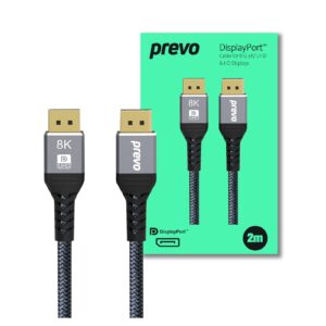 Prevo DP14-2M DisplayPort Cable, DisplayPort 1.4 (M) to DisplayPort 1.4 (M), 2m, Black & Grey, Supports Displays up to 8K@60Hz, Robust Braided Cable, Gold-Plated Connectors, Superior Design & Performance, Retail Box Packaging - Image 3