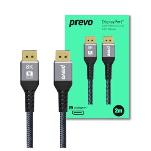 Prevo DP14-2M DisplayPort Cable, DisplayPort 1.4 (M) to DisplayPort 1.4 (M), 2m, Black & Grey, Supports Displays up to 8K@60Hz, Robust Braided Cable, Gold-Plated Connectors, Superior Design & Performance, Retail Box Packaging - Image 2