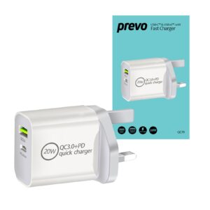 Prevo QC70 20W USB Type-C & USB Type-A Fast Charge Mains Charger with QC 3.0 for Laptops, Ultrabooks, Chromebooks, iPads, MacBooks, Smartphones, Tablets, Mobile Devices, Action Cameras, DSLRs - Image 3