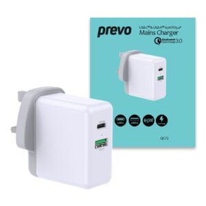 Prevo QC72 65W USB Type-C & USB Type-A Fast Charge Mains Charger with Qualcomm Quick Charge 3.0 and 1.5m 100W USB-C Cable for Laptops, Ultrabooks, Chromebooks, iPads, MacBooks, Smartphones, Tablets, Mobile Devices, Action Cameras, DSLRs - Image 3