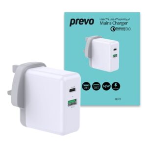 Prevo QC72 65W USB Type-C & USB Type-A Fast Charge Mains Charger with Qualcomm Quick Charge 3.0 and 1.5m 100W USB-C Cable for Laptops, Ultrabooks, Chromebooks, iPads, MacBooks, Smartphones, Tablets, Mobile Devices, Action Cameras, DSLRs - Image 2