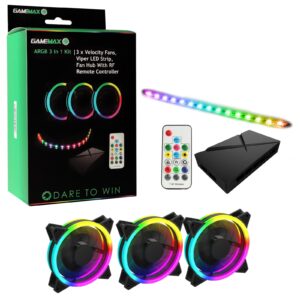 GameMax Addressable RGB 3-in-1 Kit with 3 Velocity Fans, 0.3m Viper LED Strip & PWM Fan Hub with RF Remote Control - Image 3